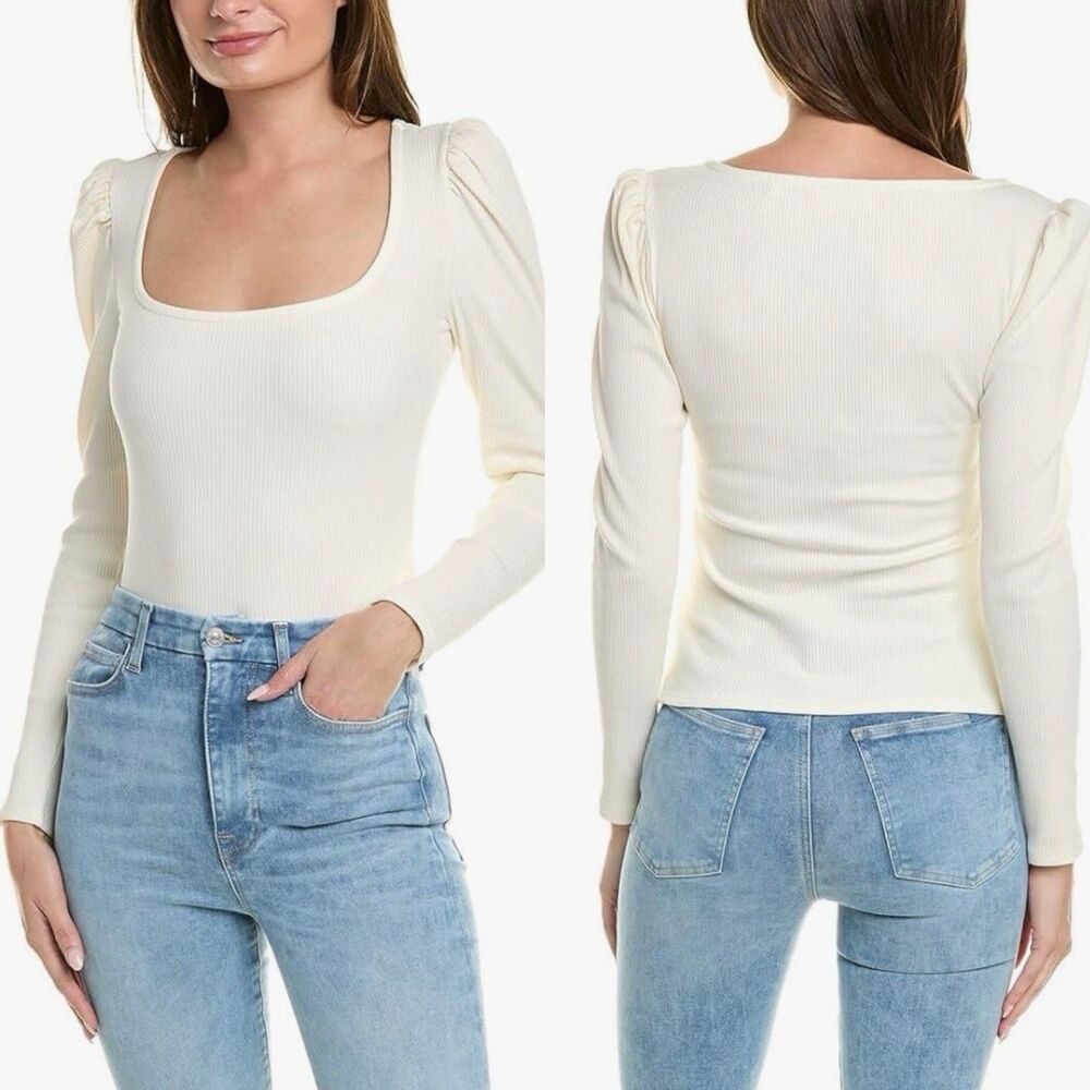 7 For All Mankind Ribbed Long Puff Sleeve Square Neck Women’s L‎ Ivory Romantic